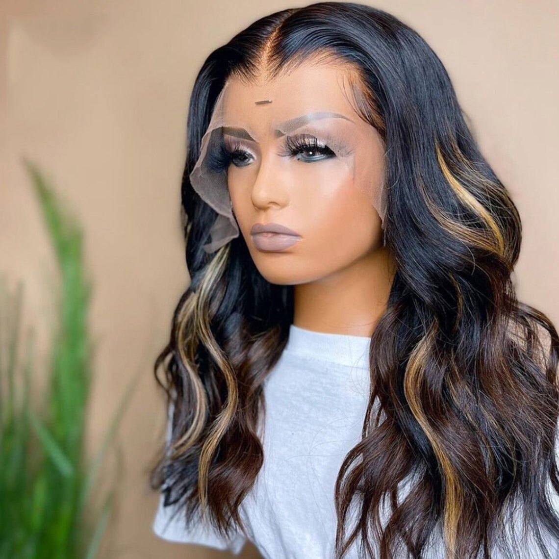 Mid-Length 13×4 Lace Front Human hair Wig Black Brown Blonde Highlight Wigs