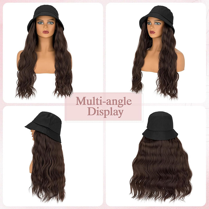 Baseball Hat Black White Red Cap with Hair Long Wavy Wigs Bucket Hat for Women