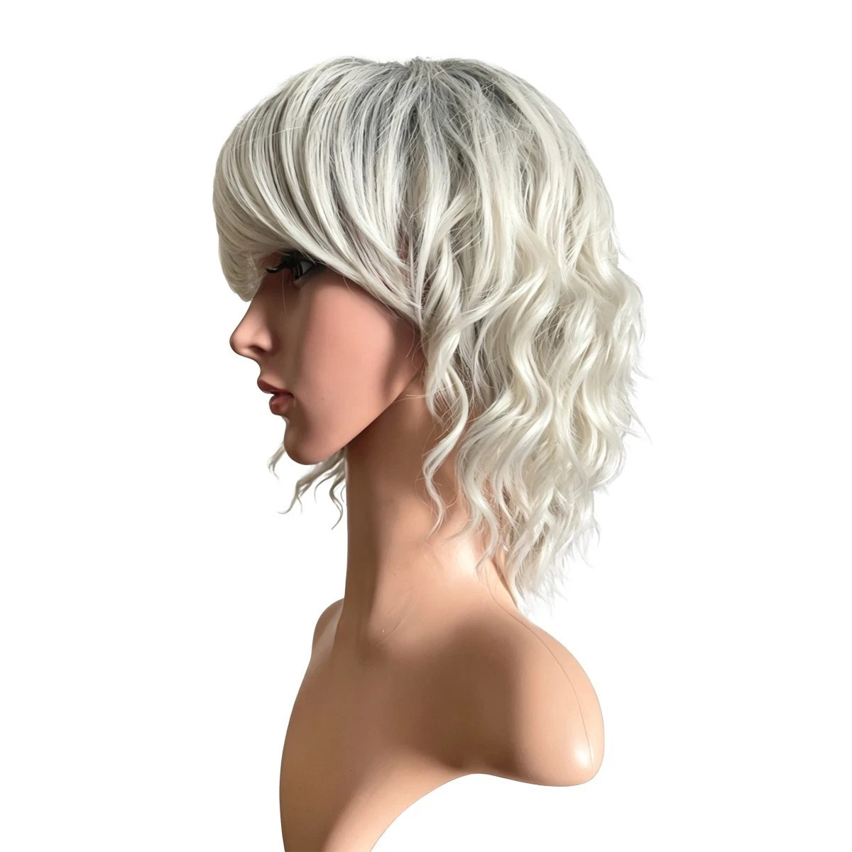 Ombre Silver Gray Bob Wig with Bangs for White Women Short Wavy Curly Charming W