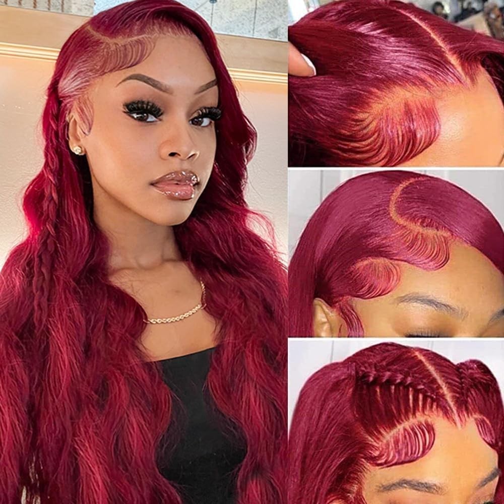 28 Inch 99j Burgundy Lace Front Wigs Human Hair Red Burgundy Wig 180% Density…