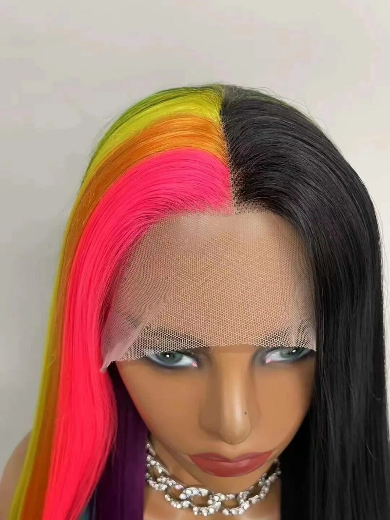 Half and Half Rainbow Black Synthetic wig Lace Front Long Straight Hair Heat OK