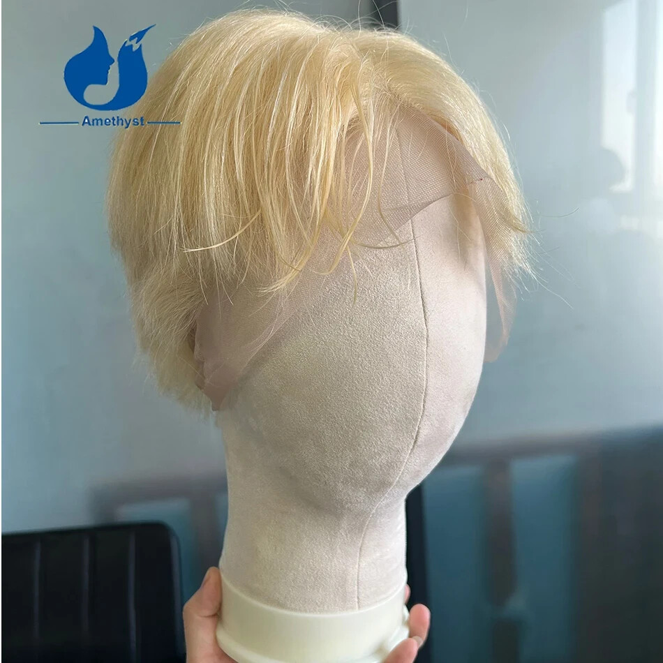 613 Blonde Straight Men’s Pixie Cut Wig Full Lace Bob Brazilian Remy Human Hair