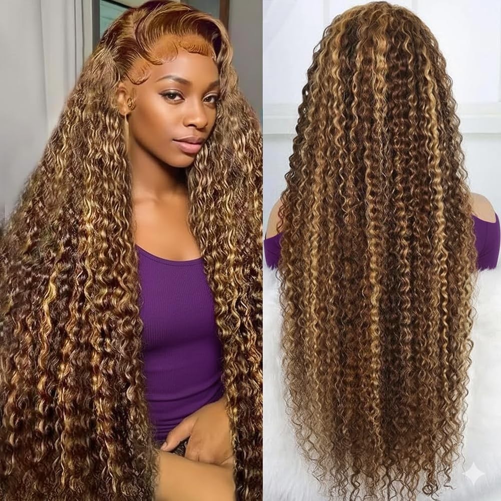 30″ Ombre Lace Front Wig Human Hair Deep Wave 13×6 HD Honey Blonde Curly Wigs