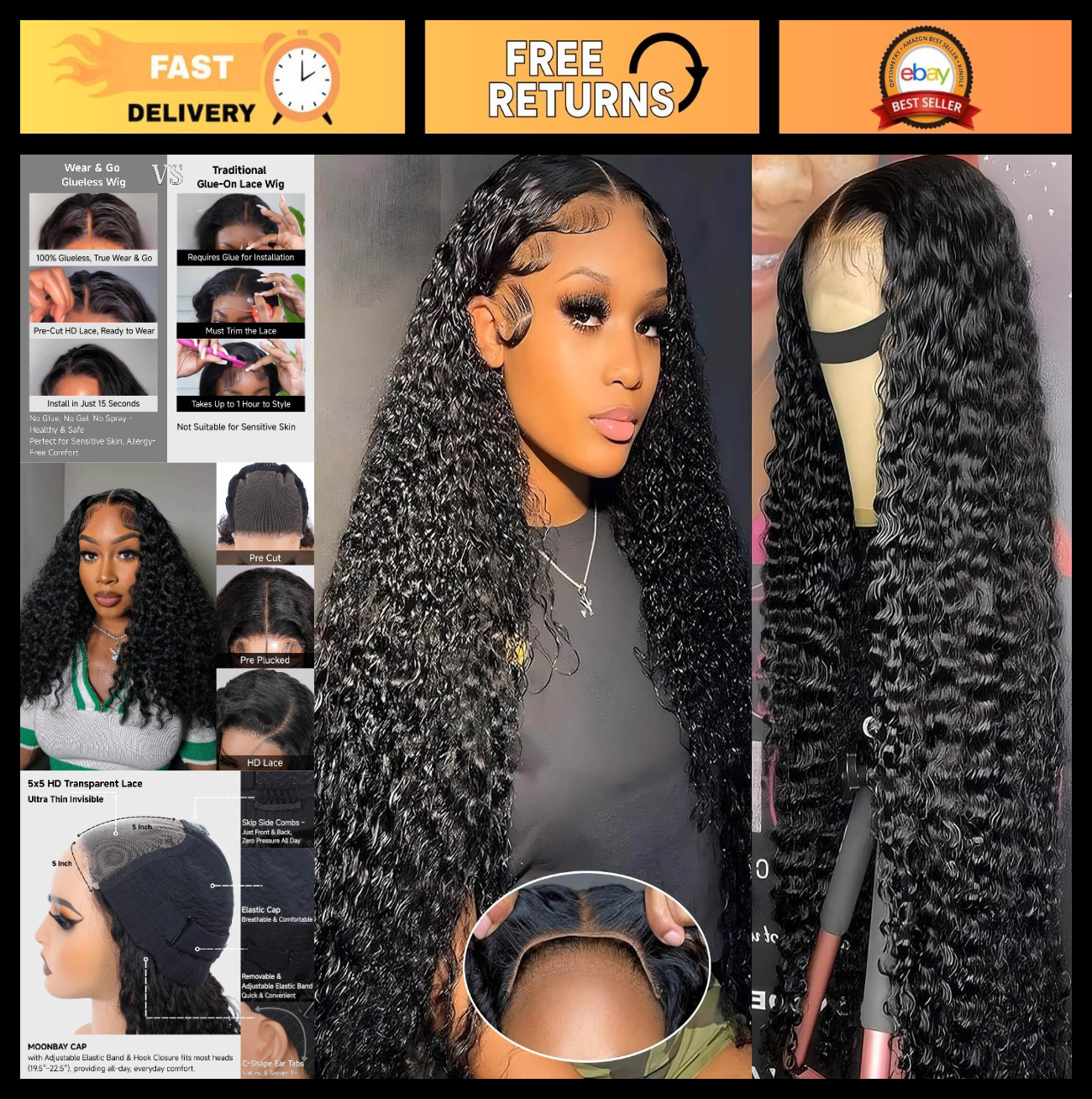 Glueless 18″ Deep Wave Human Hair Wig – 5×5 HD Lace Closure, 200 Density, Curly