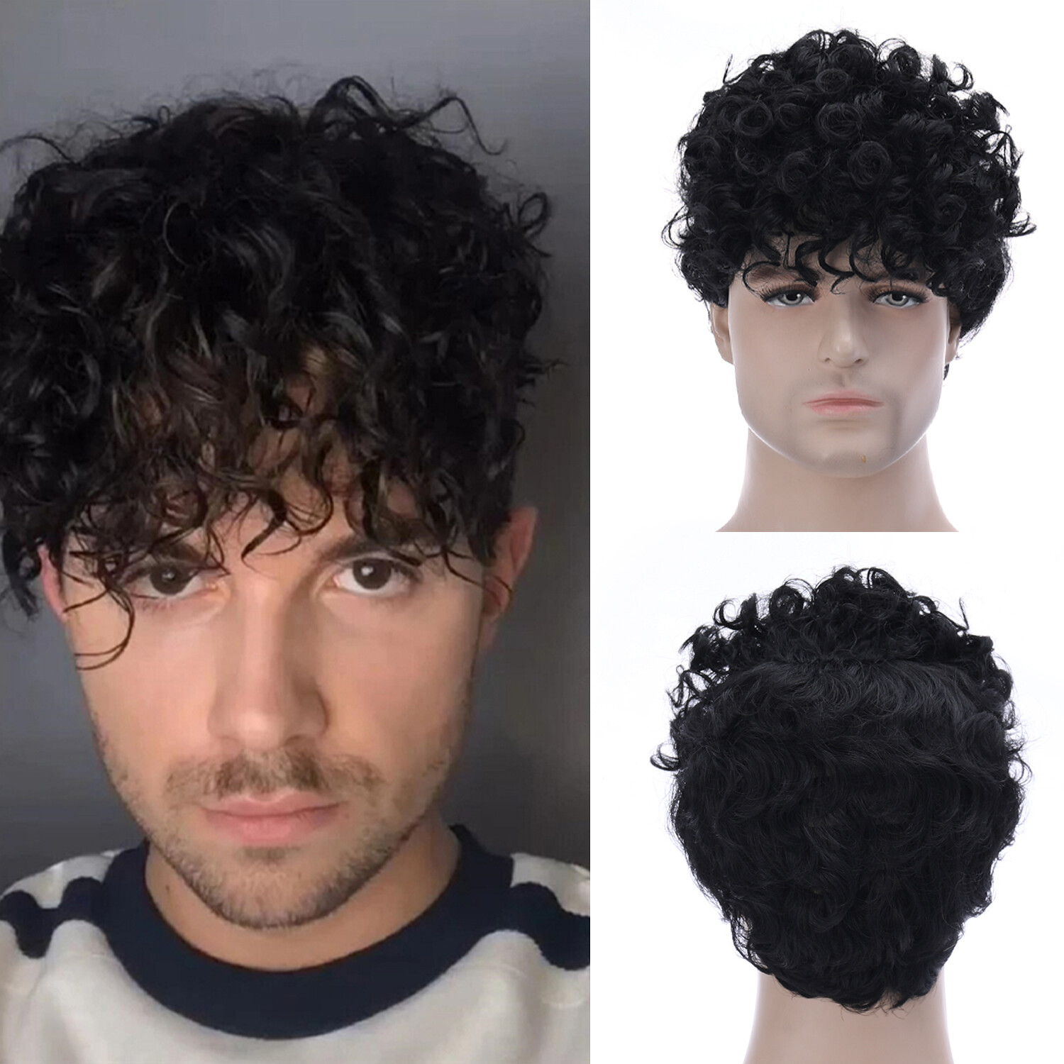 Heat Resistant Men’s 10in Short Black Curly Wig Synthetic Full Cosplay Party