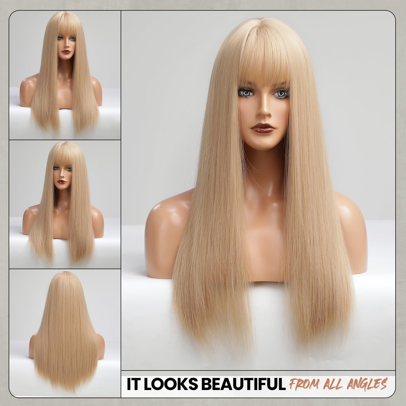 Light Blonde Wig With Bangs For Women Long Straight Wigs wig Synthetic For Gi…