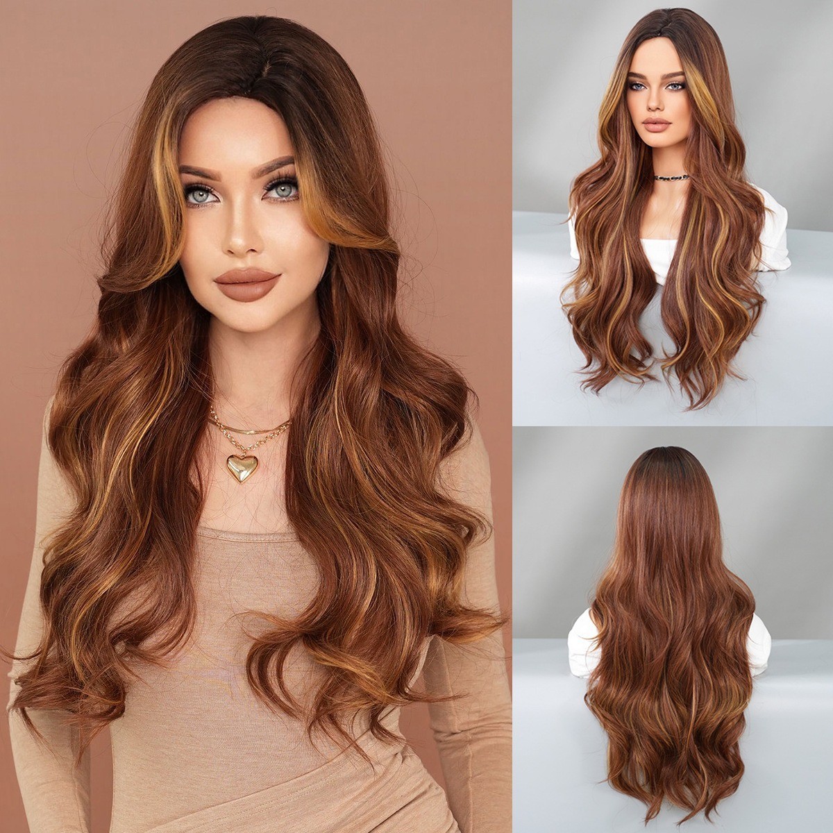 Women parted highlighted long curly hair wig with large waves artificial hair