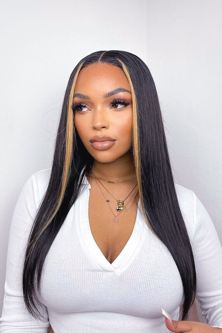 Black Wigs with Blonde Skunk Stripe Lace Front Wigs Long Straight Wigs for Women
