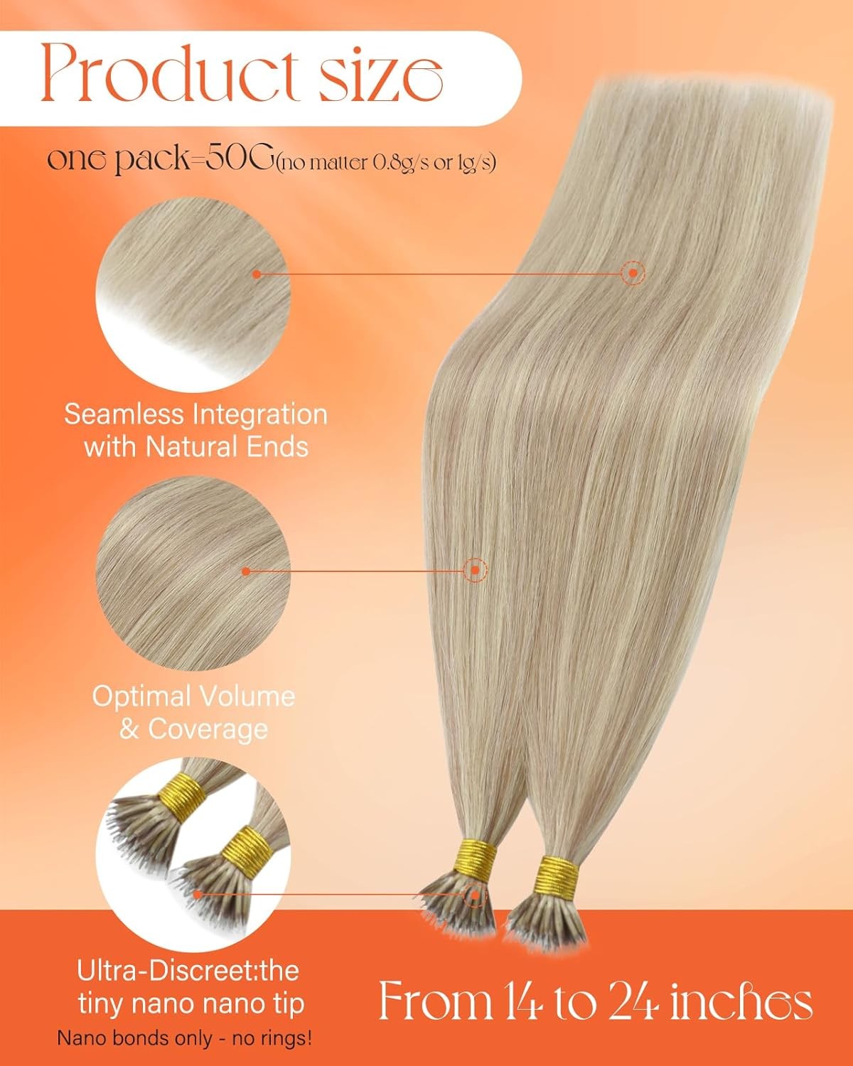 Sunny Hair NANO 14in Ash /Bleach Blonde Hair Extensions – NANO_P18-613_14_50G3