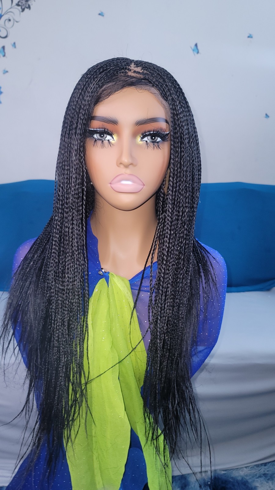 Braided Wig Full Lace Glueless 16″ Micro Boho Braids Jet Black #1 Short Handmade
