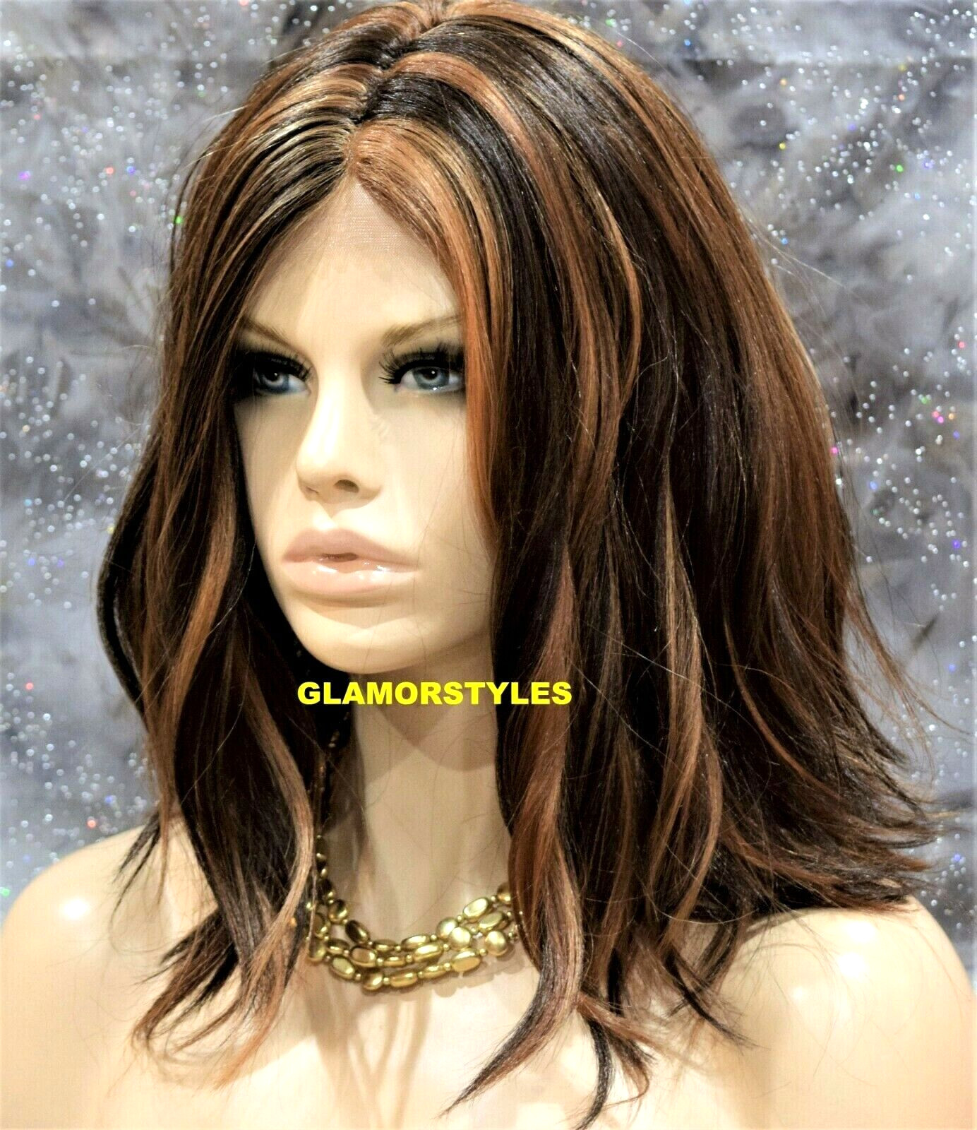 LACE FRONT FULL WIG BOB WAVY LAYERED MIDDLE PART BROWN AUBURN MIX HEAT OK NWT
