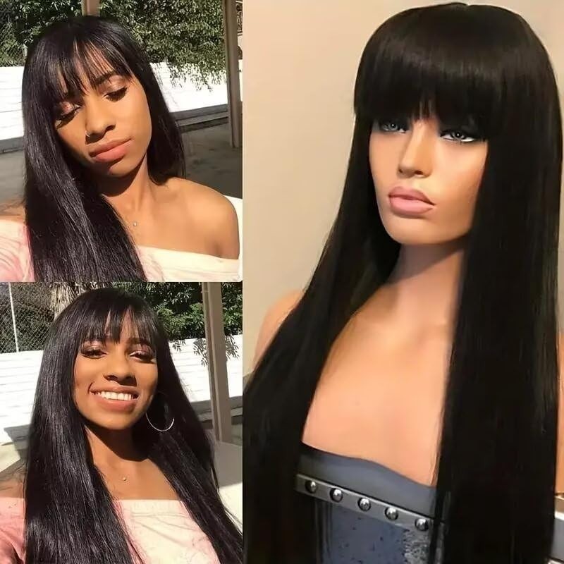 Straight Human Hair Wig With Bangs NO Lace Front Machine Made Wigs For Women