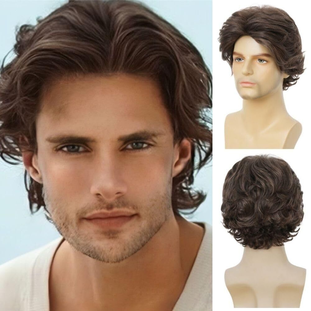Men Brown Short Curly Wig Fluffy Synthetic Fiber Hair Wigs for Men Daily Wig US