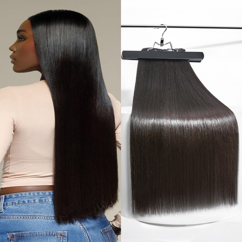 Frodio Clip Ins Hair Extensions Black Seamless Long Silky Straight Real Human