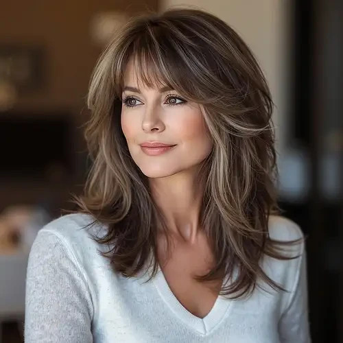 Chocolate Brown with Blonde Strands Wigs with Bangs Human Hair Lace Front Wigs