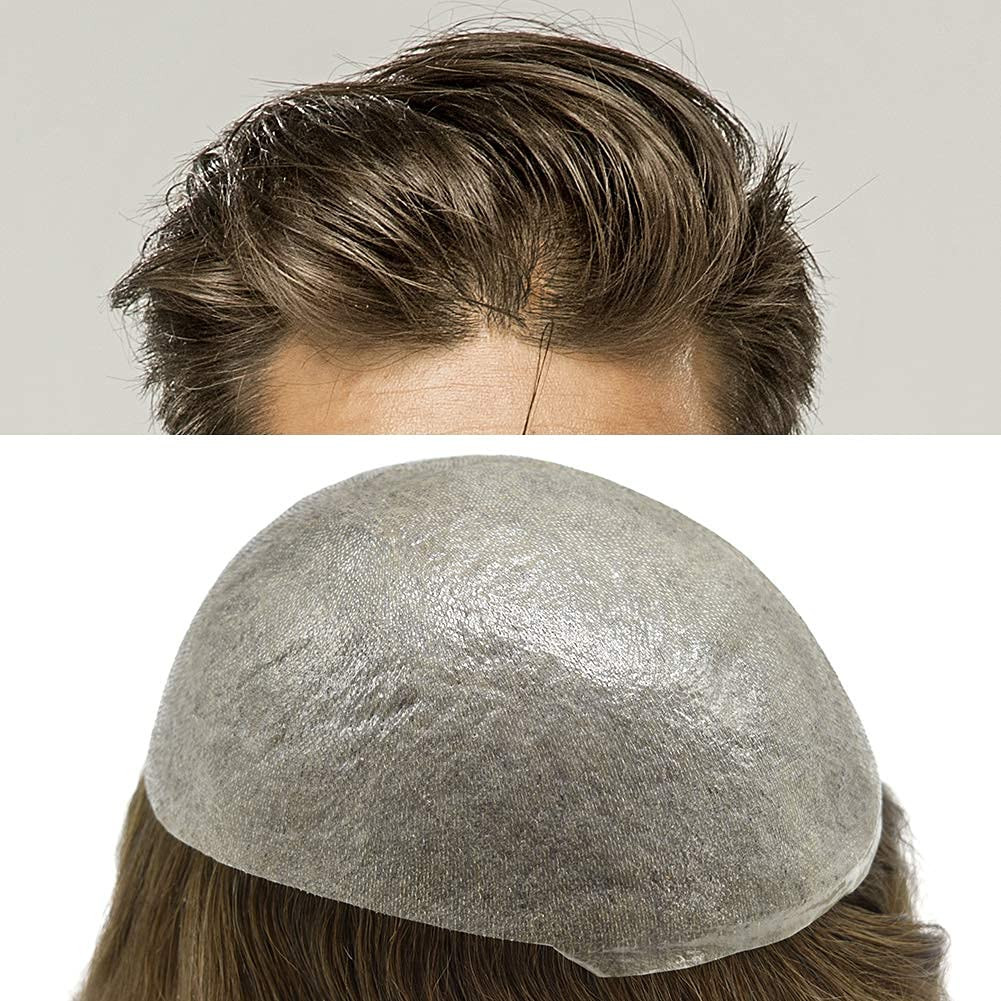 Mens toupee Hair Replacement System Thin Skin Men Wigs Human Hairpieces Brown US