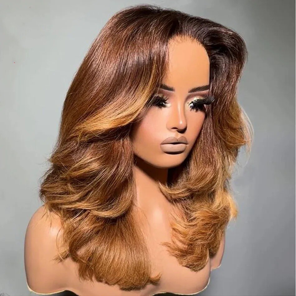 Ombre Light Brown Layered Cut Wavy 4×4 Lace Front Human Hair Wigs Pre Plucked