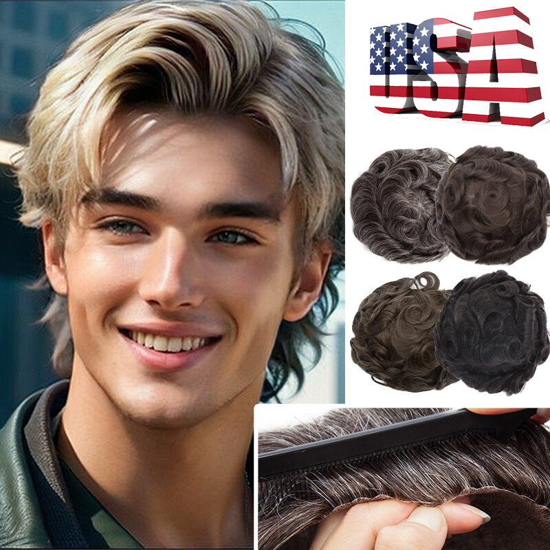 Mens Toupee Injection Poly Skin Human Hair Replacement System Hairpieces Wig