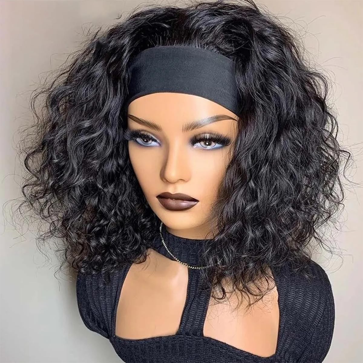 Water Wave Headband Human Hair 150% Density Afro Wigs for Black Natural Curls…
