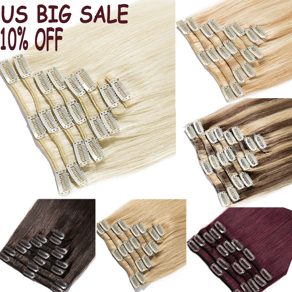 US Clip In Remy Real 100% Human Hair Extensions Full Head Highlight 18″ 20″ 22″