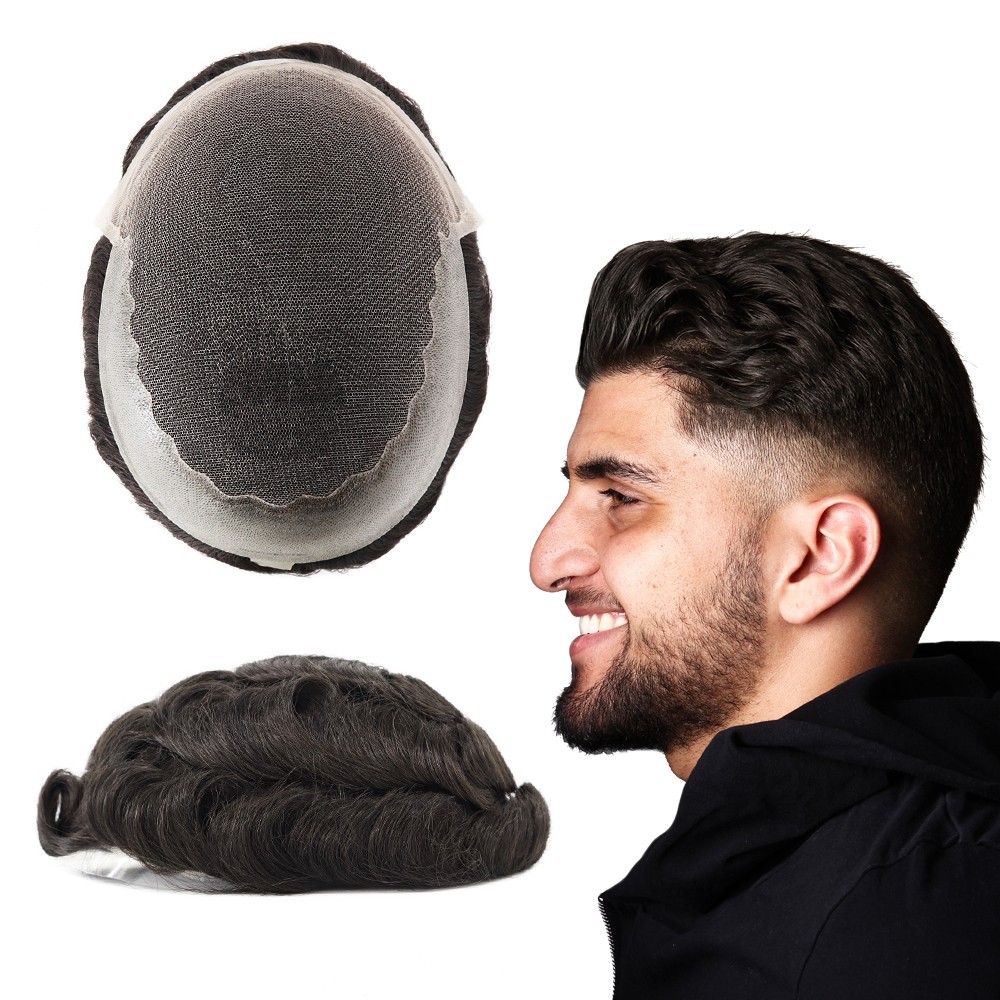 Mens Toupee Human Hair Replacement System Hairpiece Super Thin Skin Medium 130%