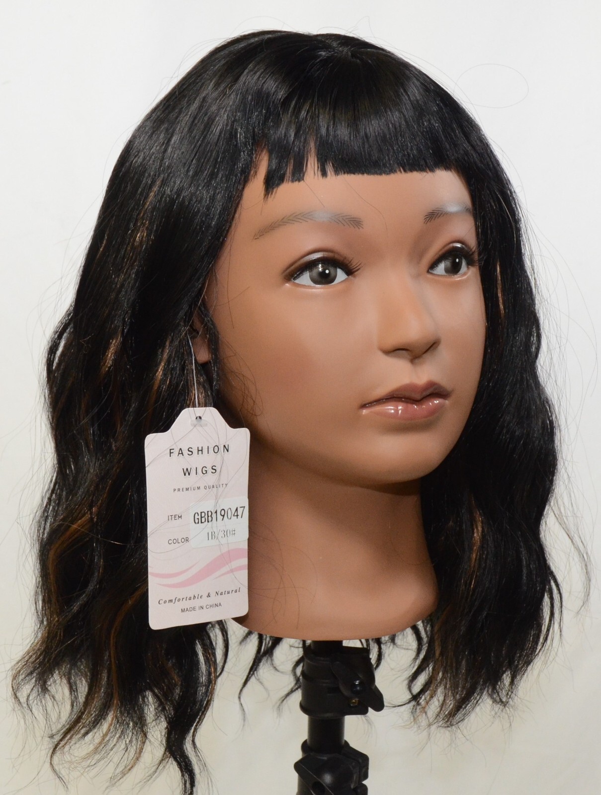 Black Wavy Wig with Copper Blonde Highlights and Short Bangs – Shoulder Length