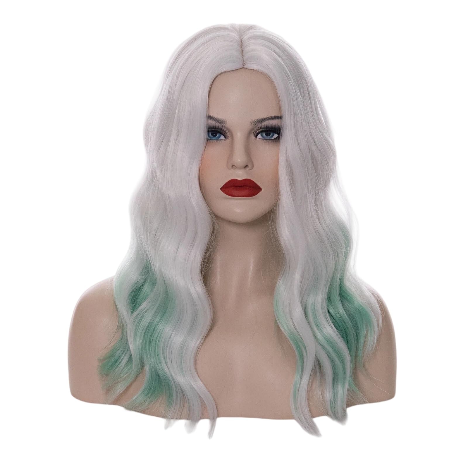 18″ Long Curly Wavy White Ombre Green Wig for Women Synthetic Hair Party Cosp…