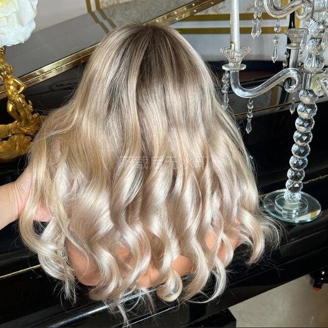 13×4 Lace Front Wig Ash Blonde Golden Highlights Human Hair Wig
