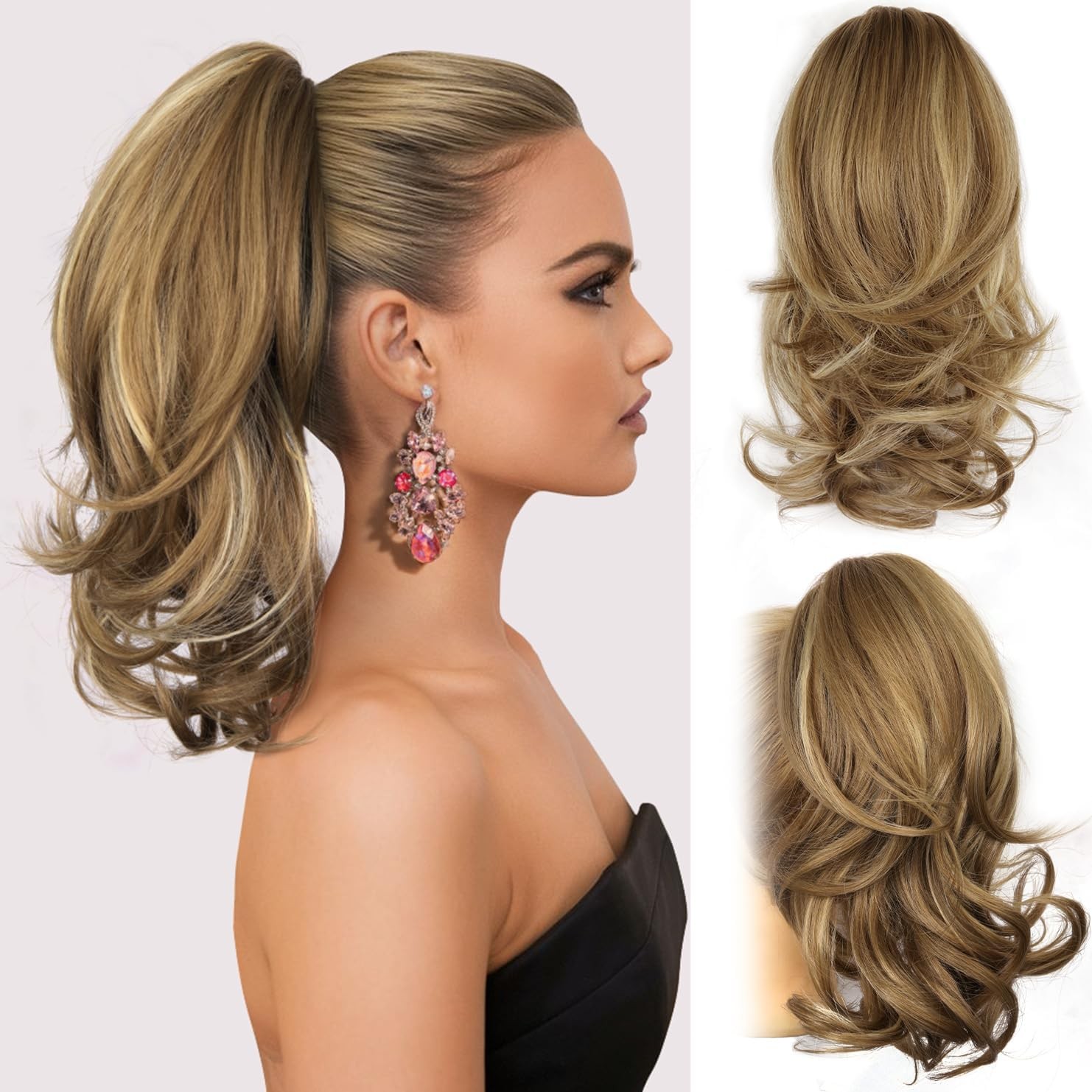 14 Inch Ponytail Extension – Wavy 14 Inch, Light Brown With Beige Highlights