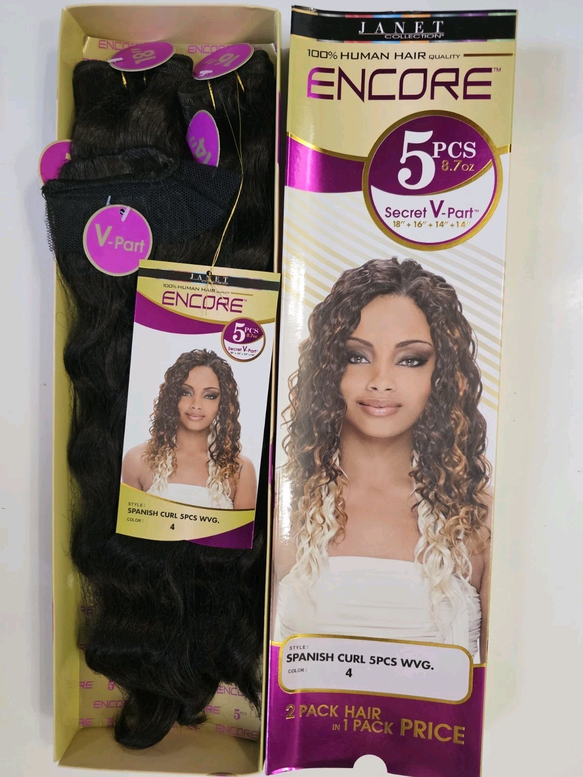 100% HUMAN HAIR QUALITY Encore Janet Spanish Curl 5 PIECES SECRET V PART