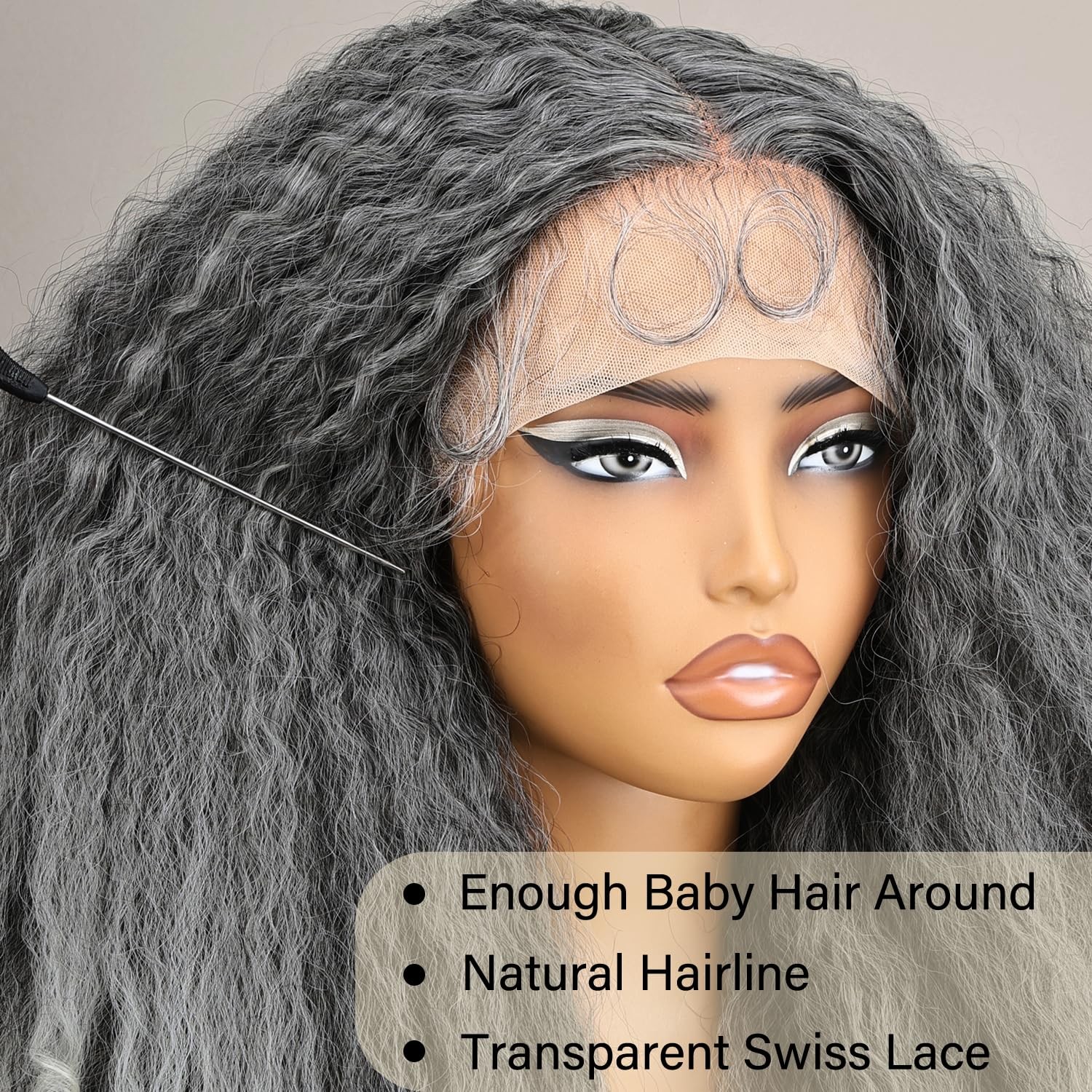 Afro Kinky Straight Lace Front Grey Wig 20 Inch T Part Salt and Pepper Wigs f…