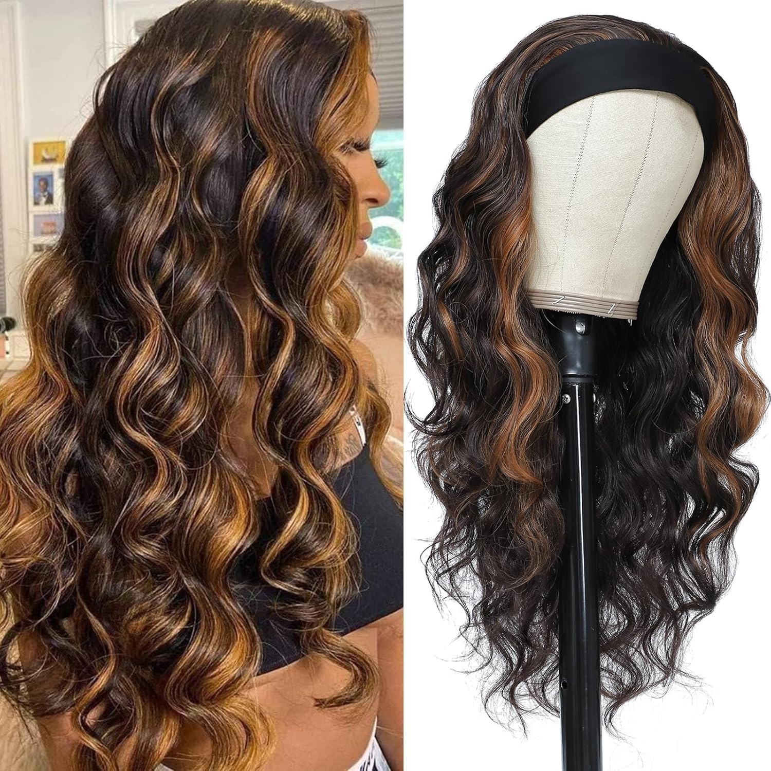 Peluca Larga Ondulada con Diadema Negra y Mechas Rubias/Castañas