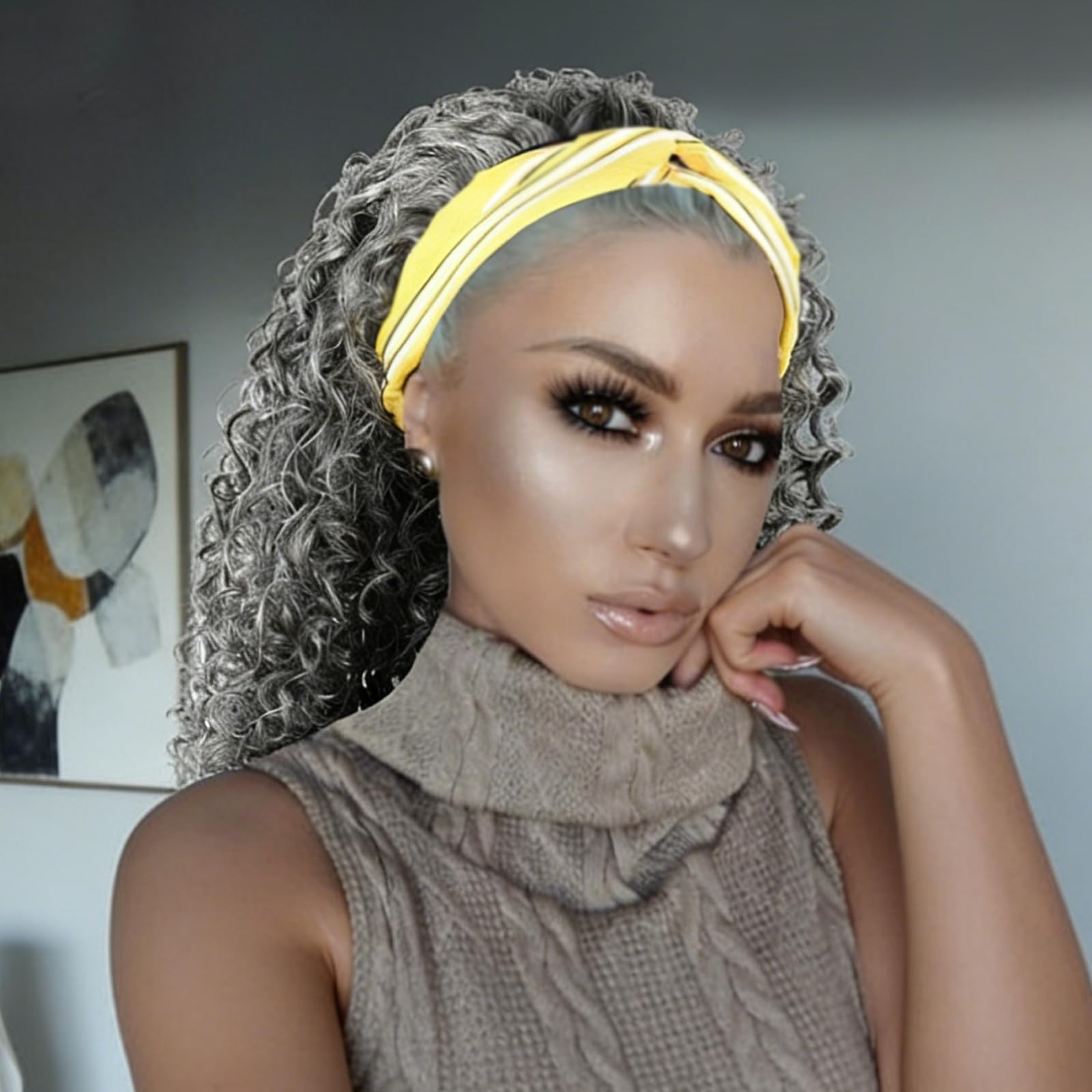 Curly Grey Headband Wigs for Black Women 14inch Short Salt and Pepper Headban…
