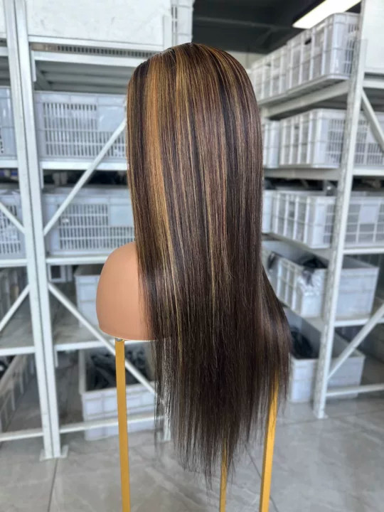 100% Human Hair Highlight Brown 22inch Silk Straight 5×5 HD Lace Frontal Wig