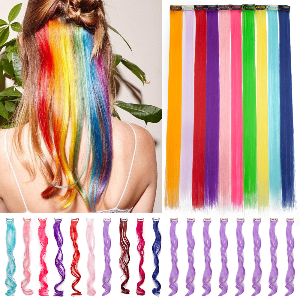 10 Pcs Long Clip In Highlight Streaks Rainbow Braid Hair Extensions for Girls US
