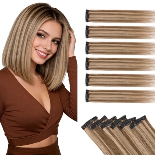 6PCS 6 Clips In Human Hair Extensions 10 Inch Medium Brown&Dark Blonde #4P27