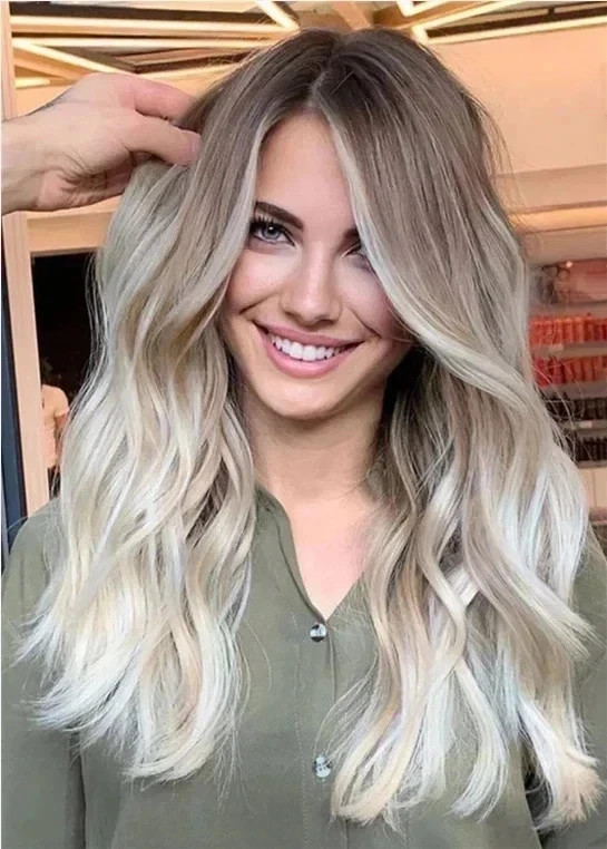 Human Hair New Fashion Gorgeous Women’s Long Brown Mix Blond Wavy Wigs 20 Inch