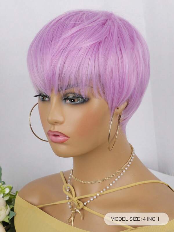 Hot Pink Short Pixie Cut Human Hair Wig No Lace Natural Wig For Black Women Soft