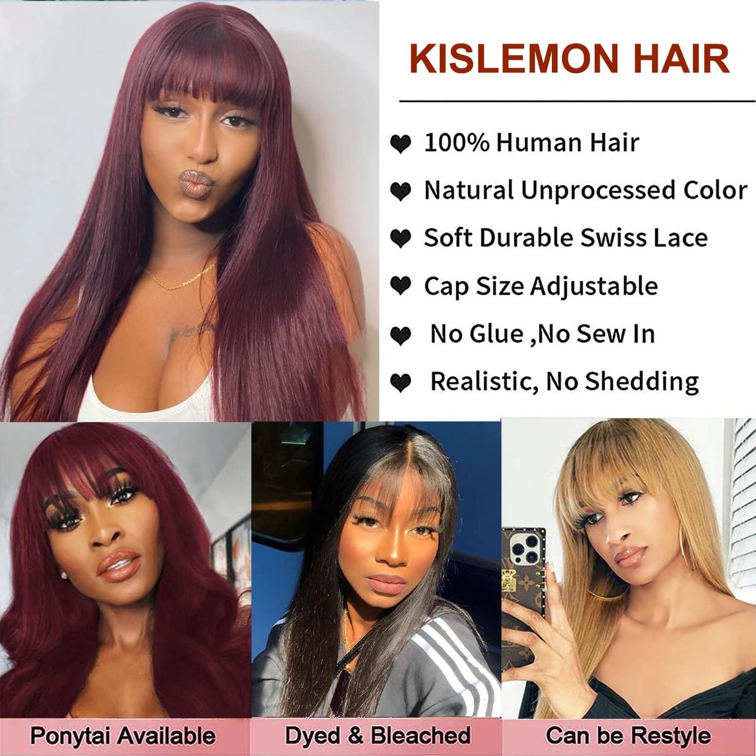 Burgundy Wig Human Hair Red Wigs with Bangs Brazilian Virgin Straight Wig wit…