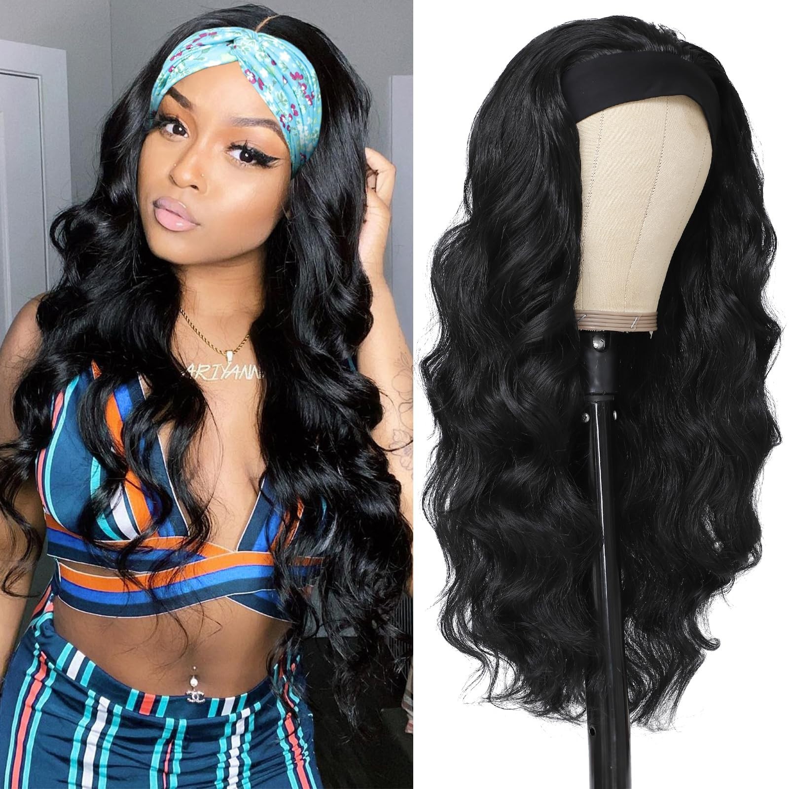 Black HeadBand Wigs for Women Long Wavy Headband Wigs 24inch