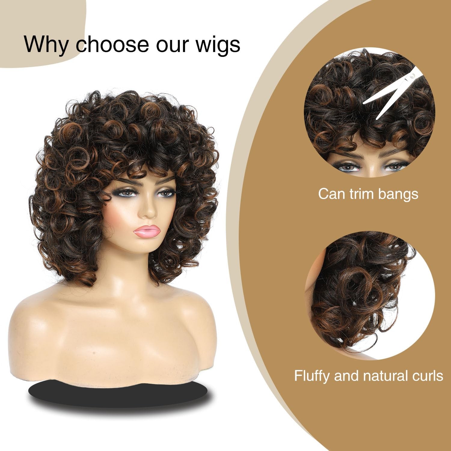 Short Curly Wigs with Bangs for African American Women, Loose Curly Wavy Hair…