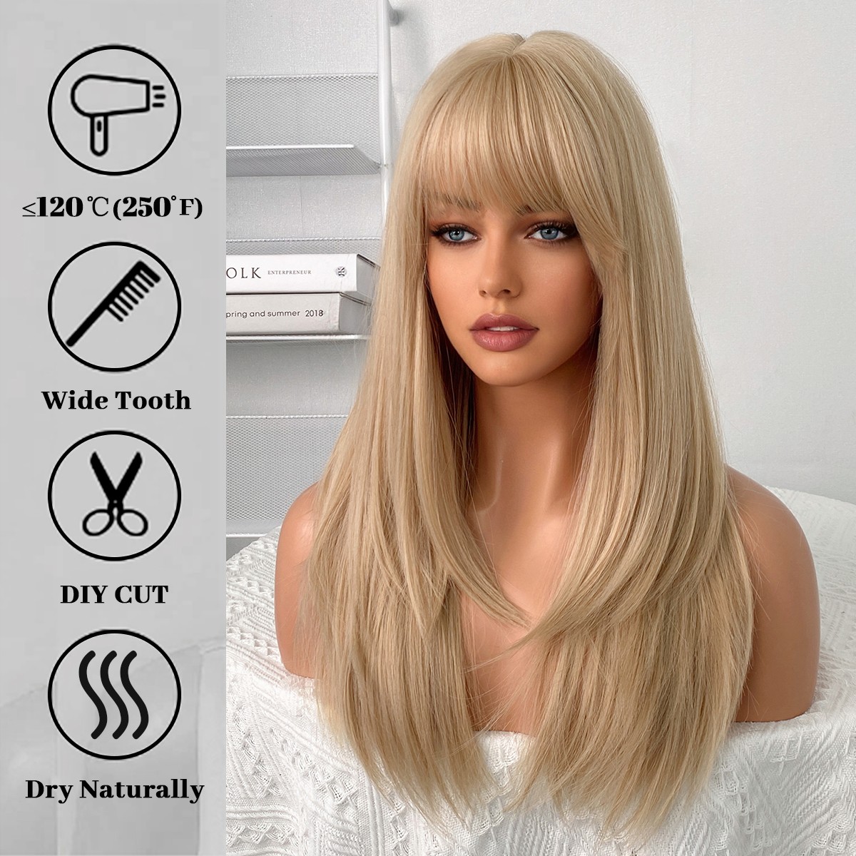 Ash Blonde Heat Resistant Hair Long Straight Dress Up Wig With Bangs