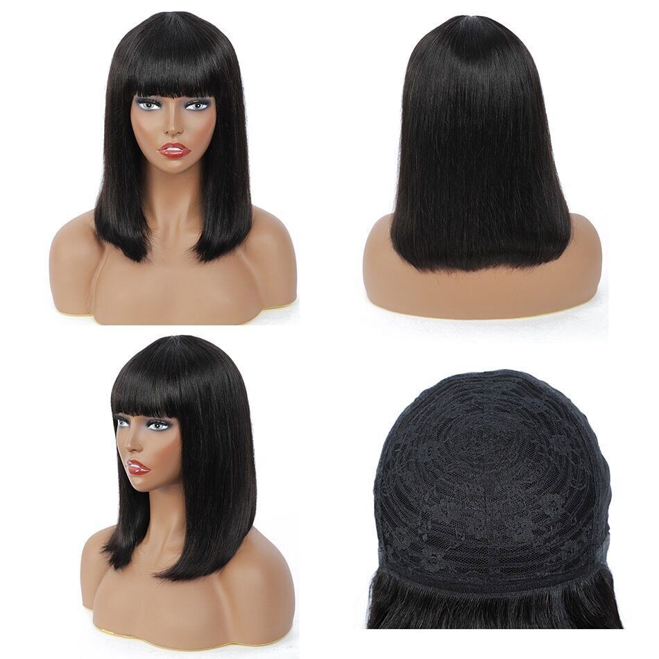 Straight Human Hair Wigs With Bangs Bone No Lace Full Machine Made Fringe Wig