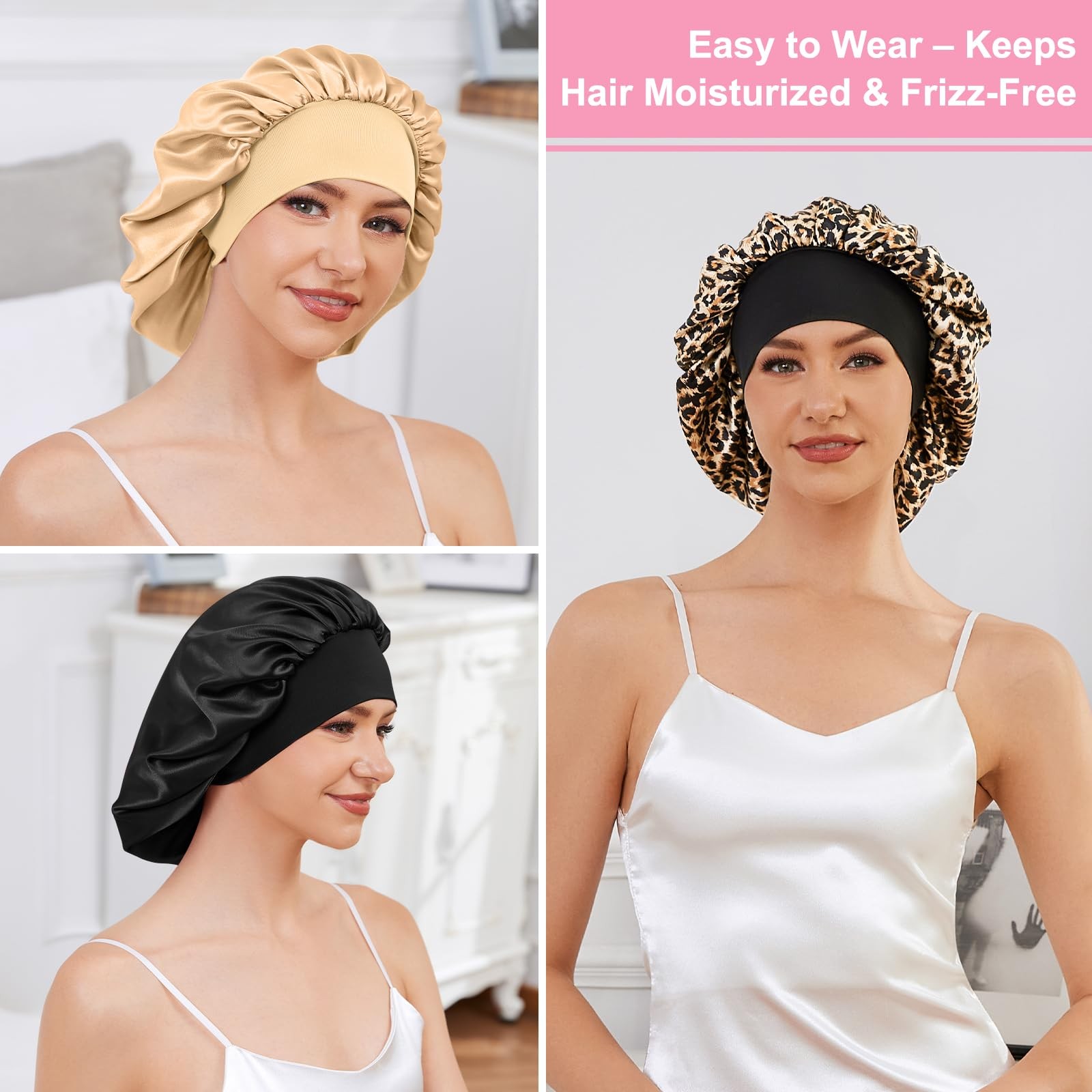 3 PCS Large Satin Silk Sleep Bonnet Elastic Band Hair Caps Frizz Control