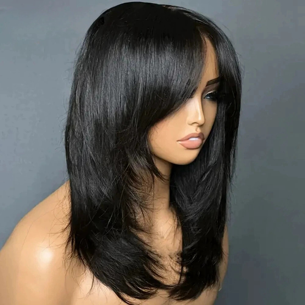 Fashion Black Straight Layered Cut 13×4 Lace Front Remy Human Hair 200% Density
