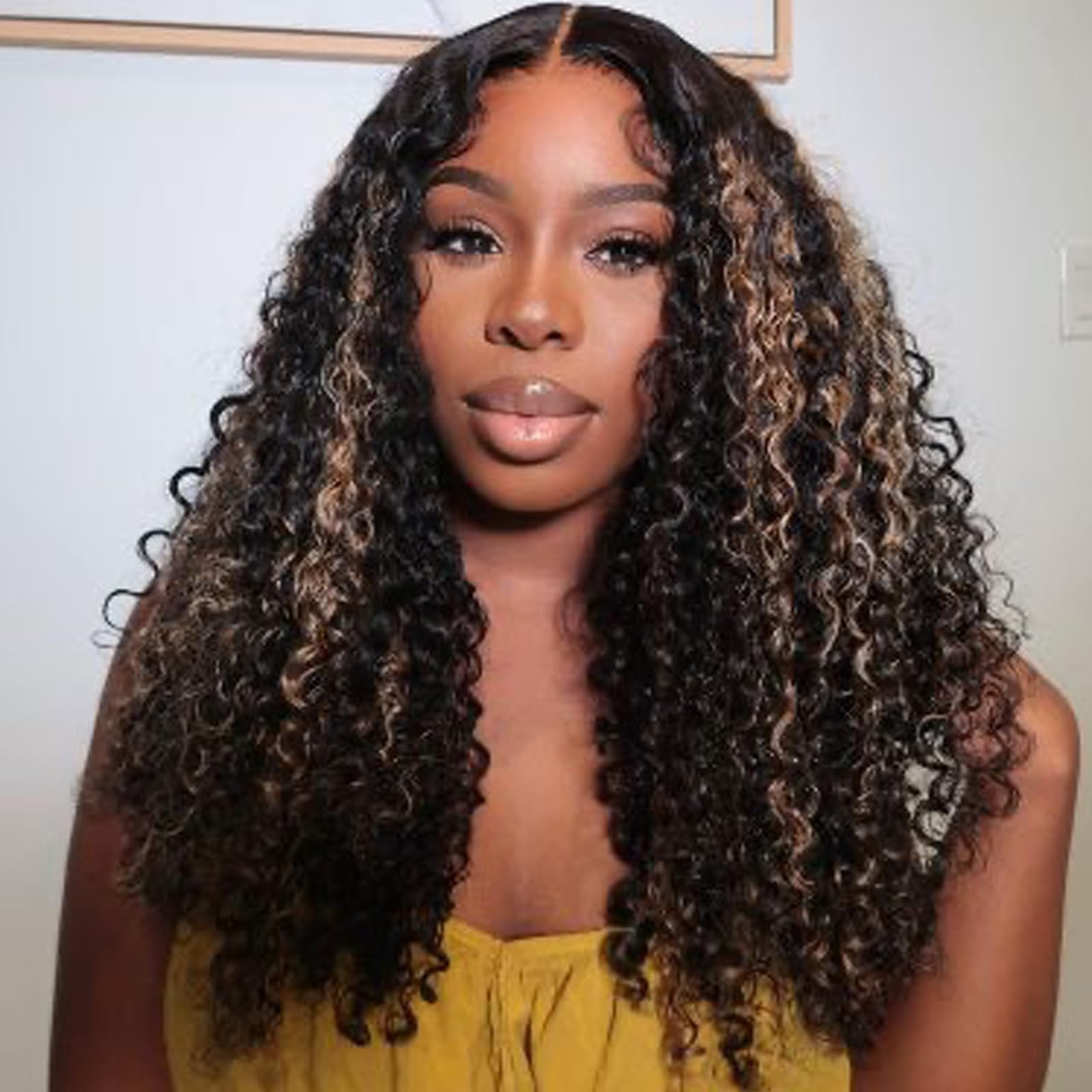 Glueless Human Hair Half Wig 28″ 200 Density Curly Drawstring 1B/30 Highlights