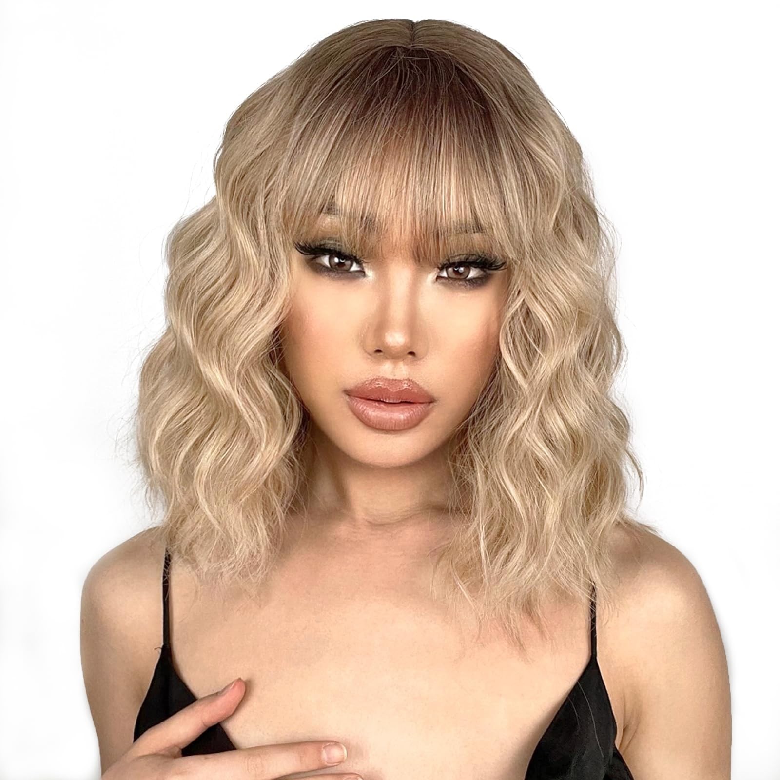 Blonde Wig with Bangs Synthetic Short Blonde Wigs for Women Dirty Blonde Wavy…