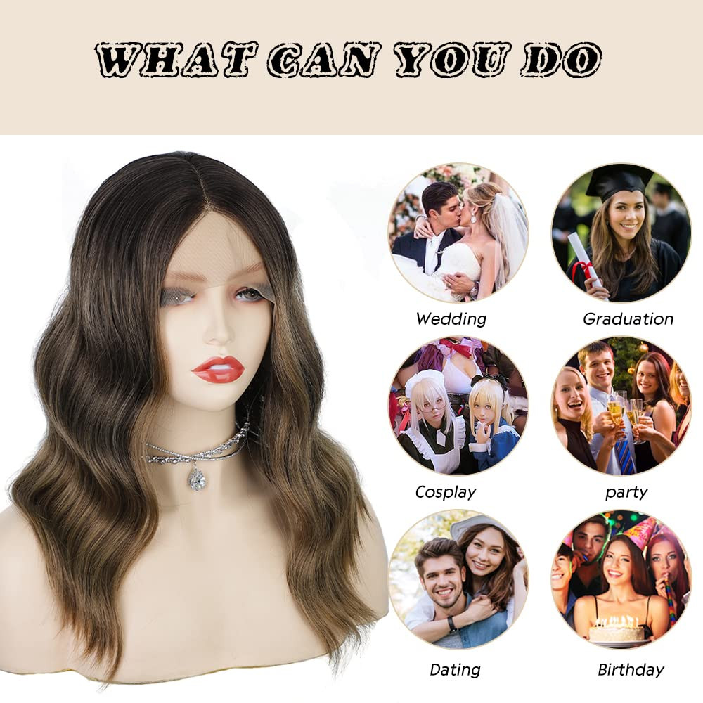 Short Bob Wavy Wig for Women Lace Front Wigs Ombre Brown Synthetic Wig Middle Pa