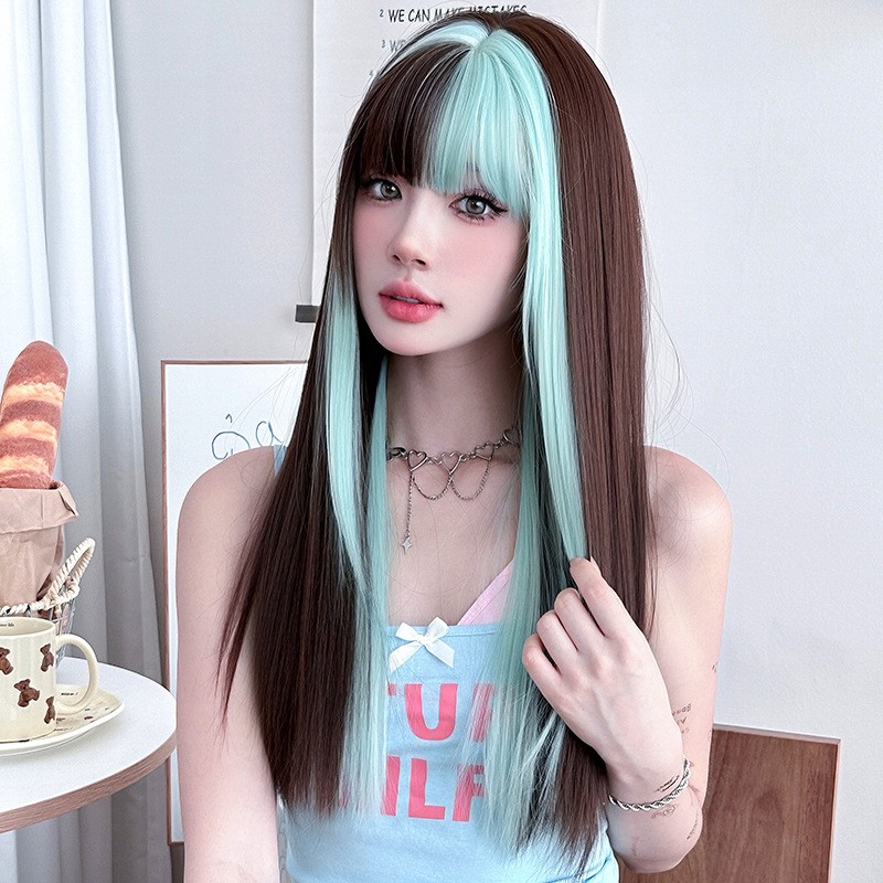Mint Blue Highlights Long Straight Synthetic Wig Full Head Lace Wig for Women