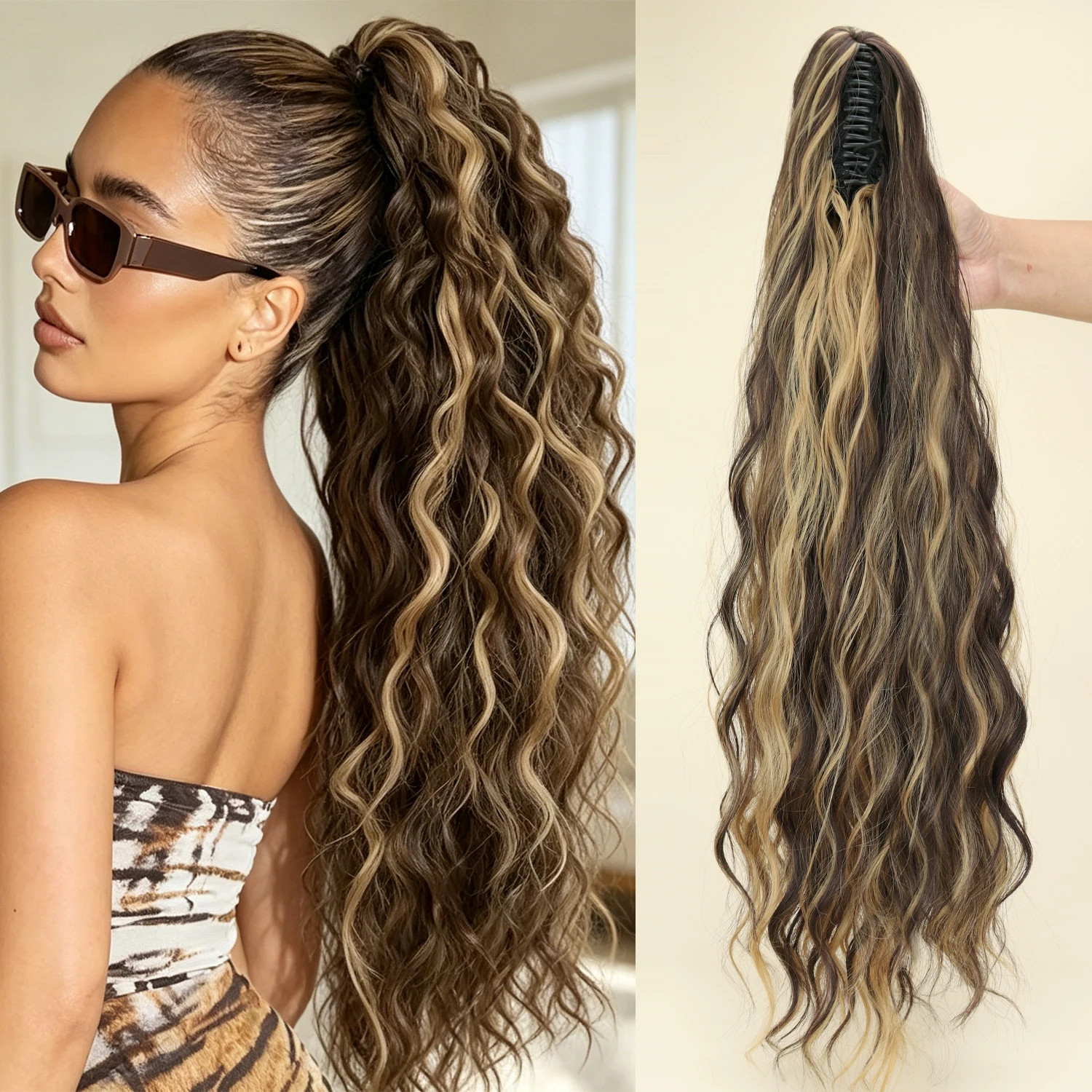 Fluffy Black Brown Water Wave Ponytail Extensions Synthetic Claw Clip for Women